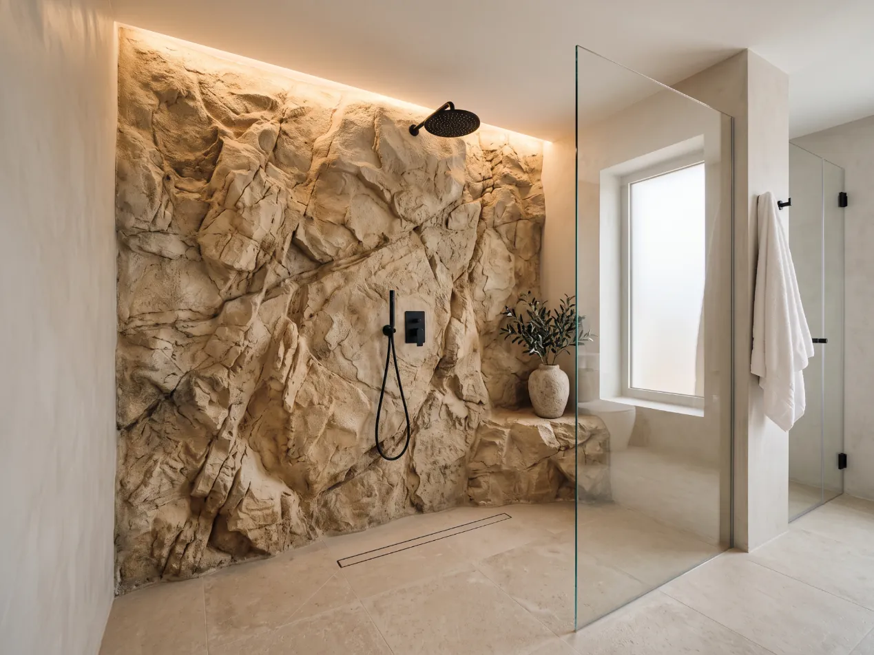 Baño con pared de roca esculpida en la ducha, suelo de porcelánico beige y grifería negra, imagen generada con IA
