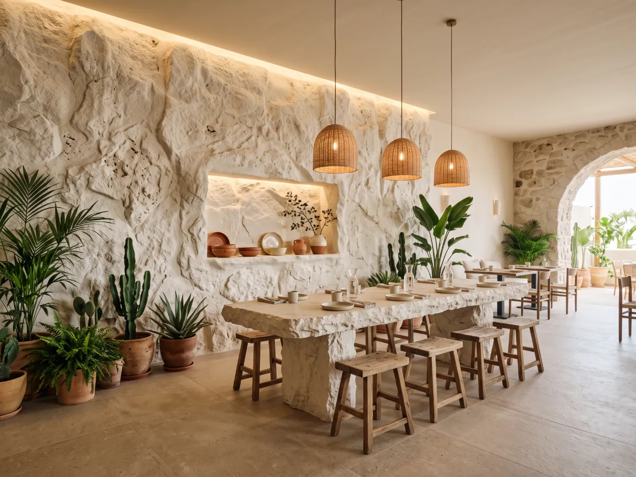 Restaurante de hotel con pared de roca blanca a doble altura y mesa larga de piedra esculpida, imagen generada con IA